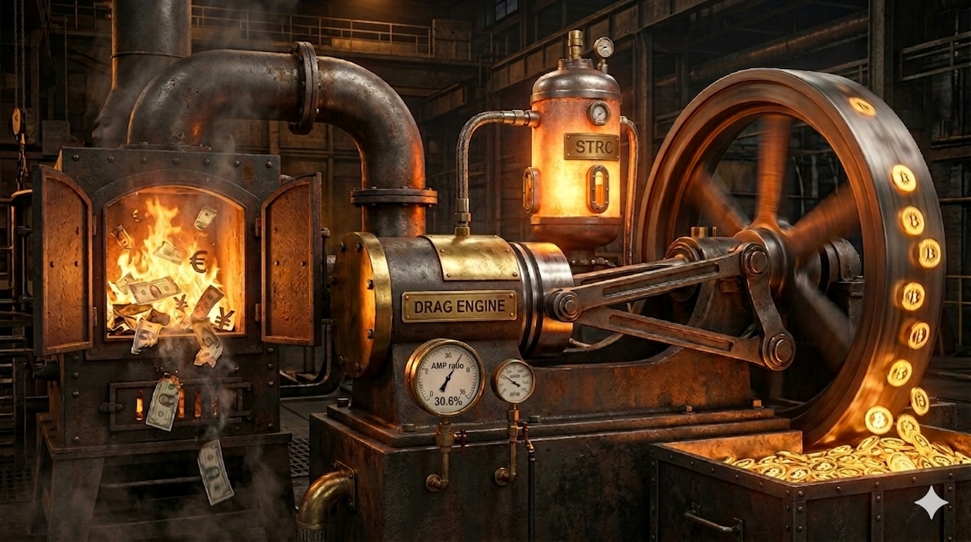 The Drag Engine -- fiat burns, Bitcoin accumulates