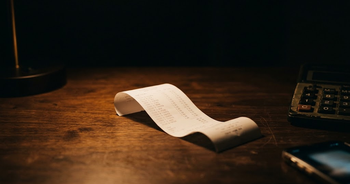 A till receipt curling upright on a dark wooden desk beside a calculator, lit by a single lamp