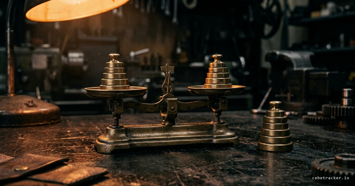 A brass balance scale on a workshop bench, weights stacked on both pans and a separate stack standing off the scale