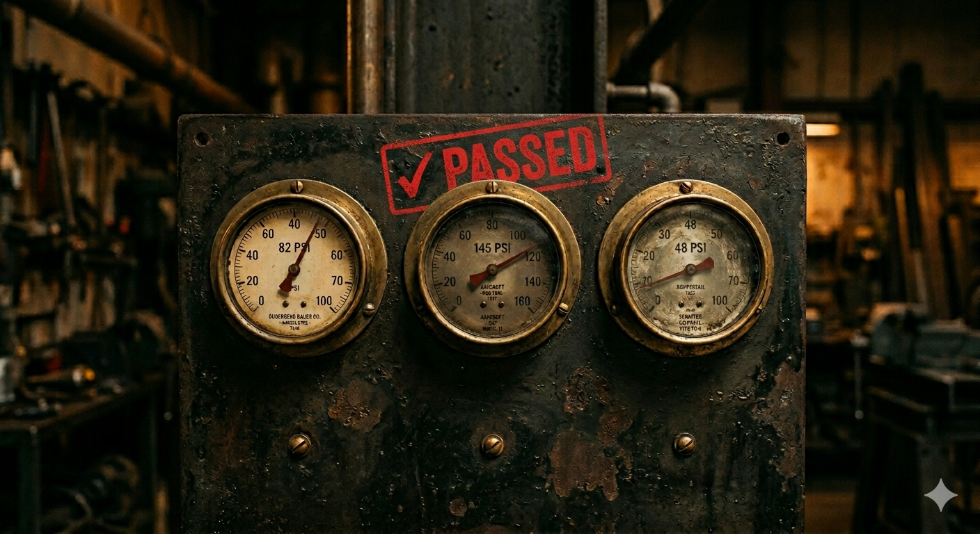 Why We Tolerate Contradiction — three pressure gauges with PASSED stamp