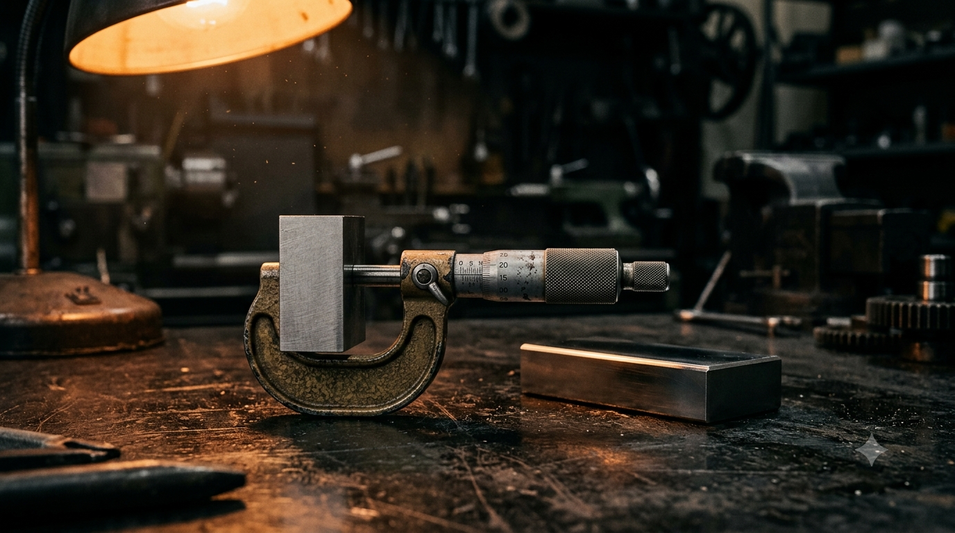 A micrometer on a machinist's bench, set against a gauge block