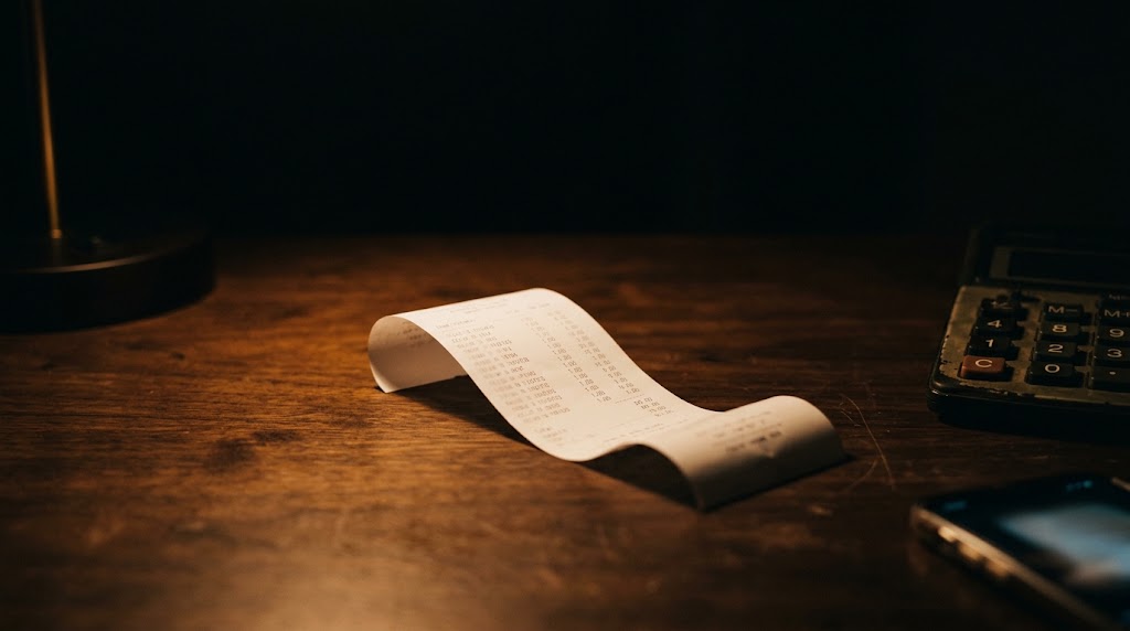 A till receipt curling upright on a dark wooden desk beside a calculator, lit by a single lamp