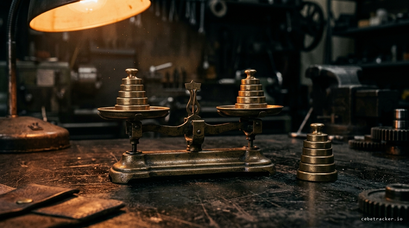 A brass balance scale on a workshop bench, weights stacked on both pans and a separate stack standing off the scale